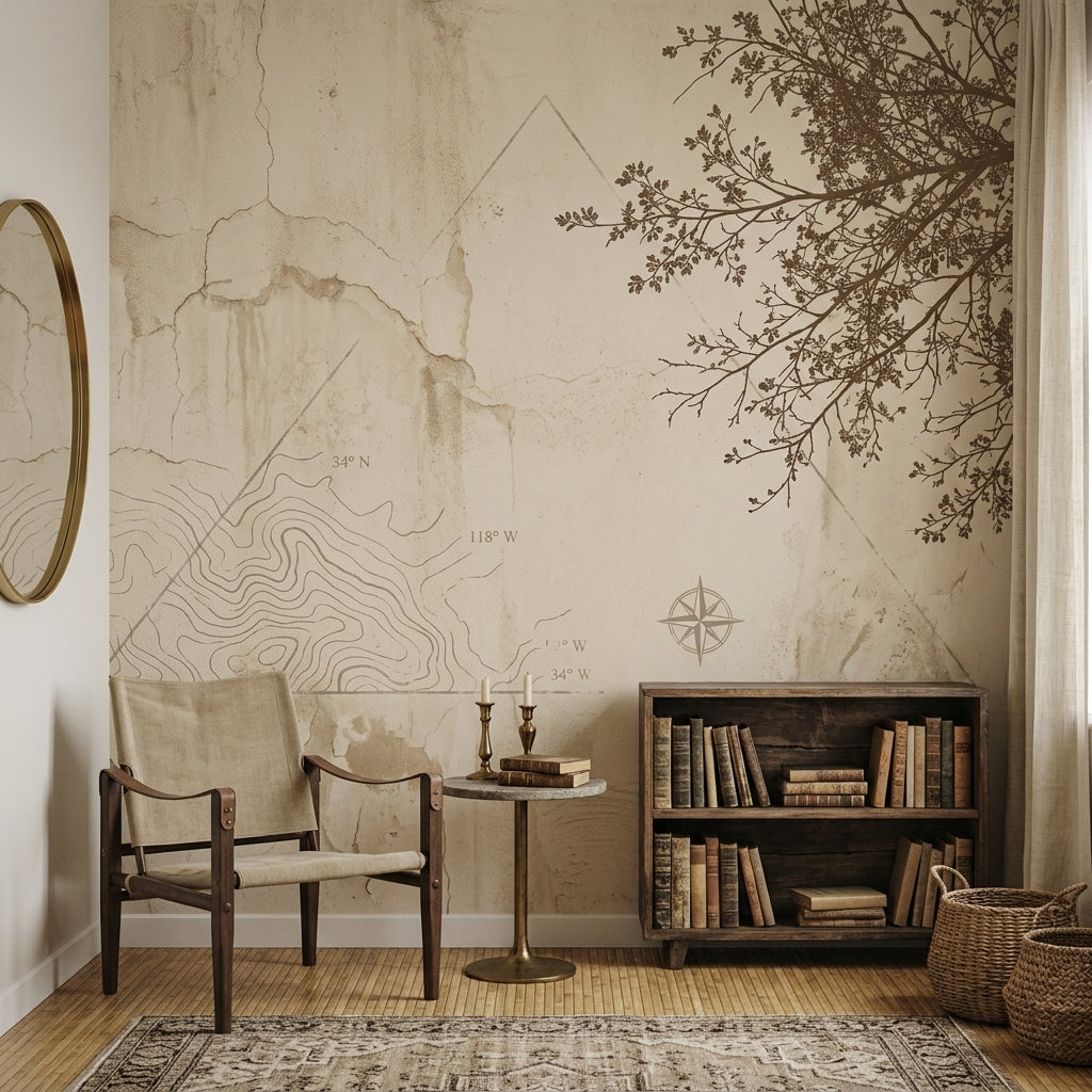 Harita Çizimli Poster Duvar Kağıdı Bej Minimal Salon
