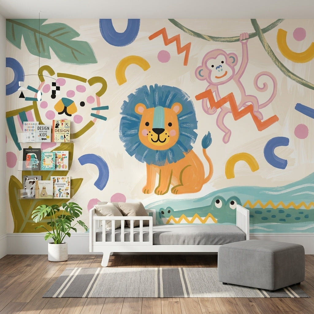 Aslan ve Maymunlu Poster Duvar Kağıdı Çocuk Odası Renkli