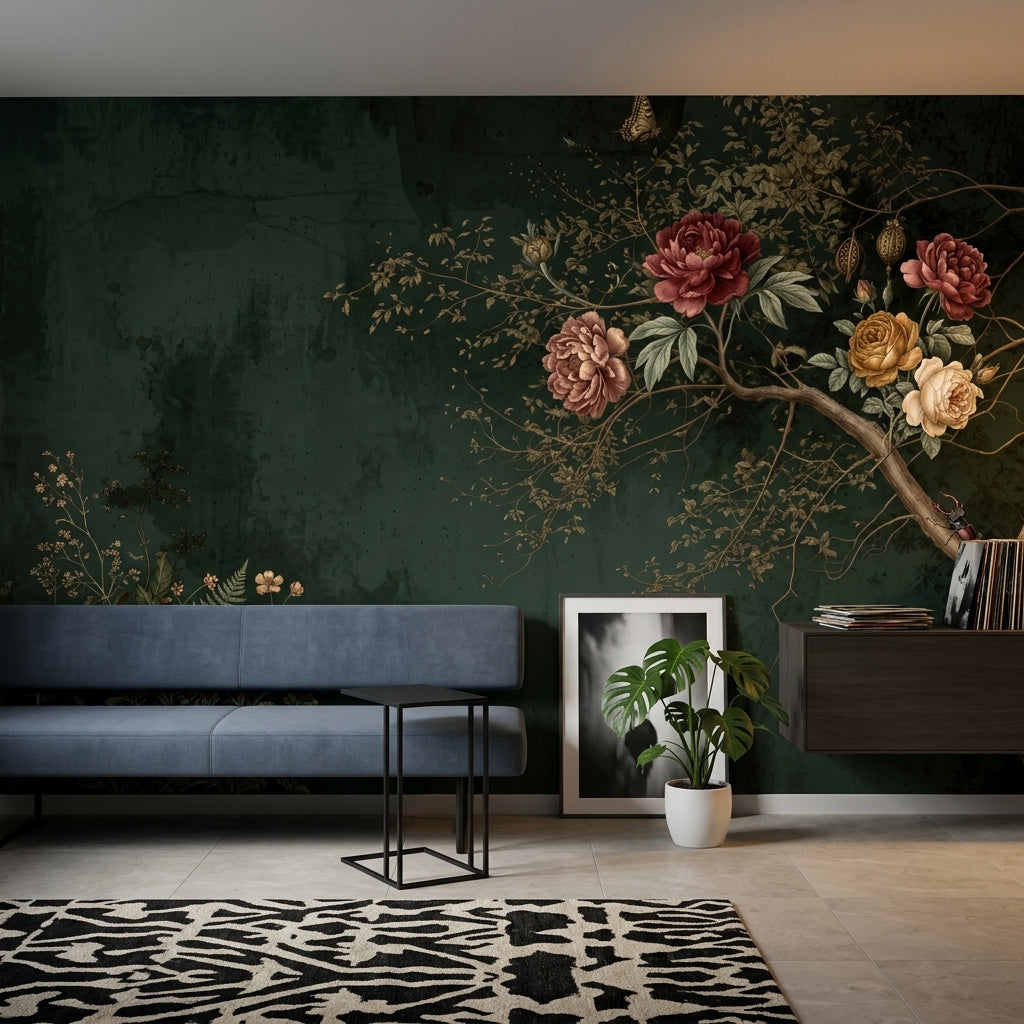 Koyu Yeşil Çiçekli Poster Duvar Kağıdı Yatak Odası Duvar Muralı