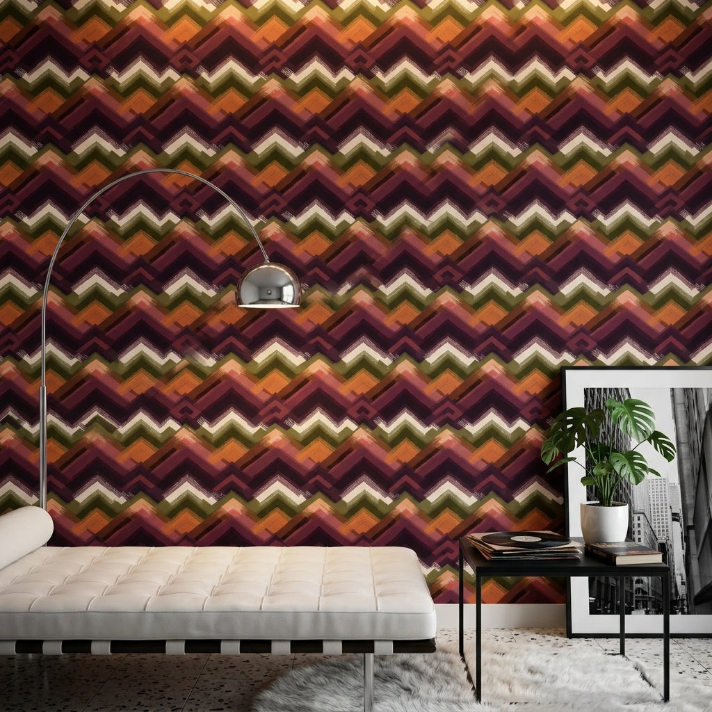 Zikzak Geometrik Duvar Kağıdı Mor Yeşil Retro Salon