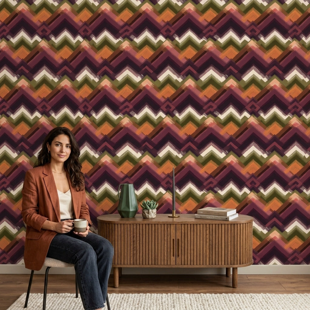 Zikzak Geometrik Duvar Kağıdı Mor Yeşil Retro Salon