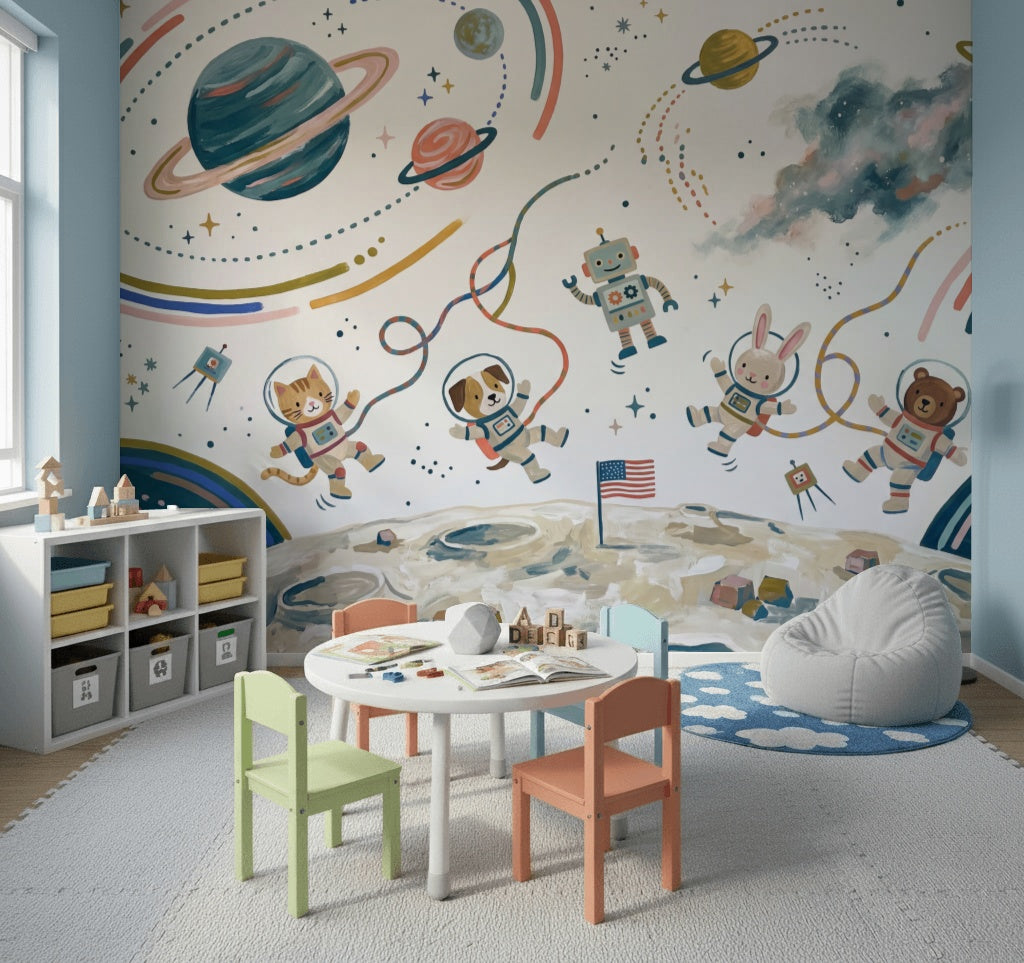 Astronotlu Uzay Poster Duvar Kağıdı Çocuk Odası Renkli