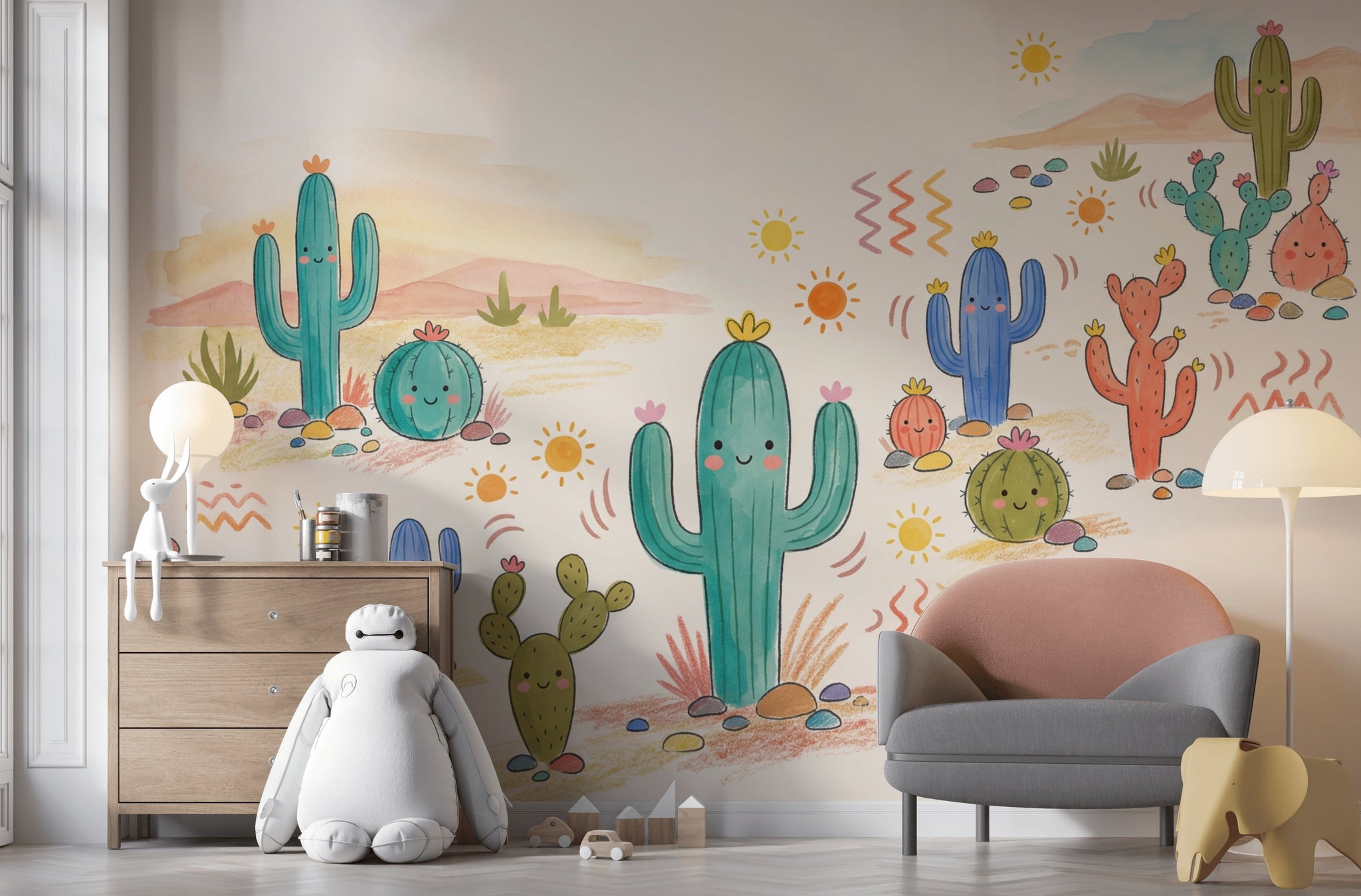 Sevimli Kaktüs Desenli Poster Duvar Kağıdı Pastel Çocuk Odası