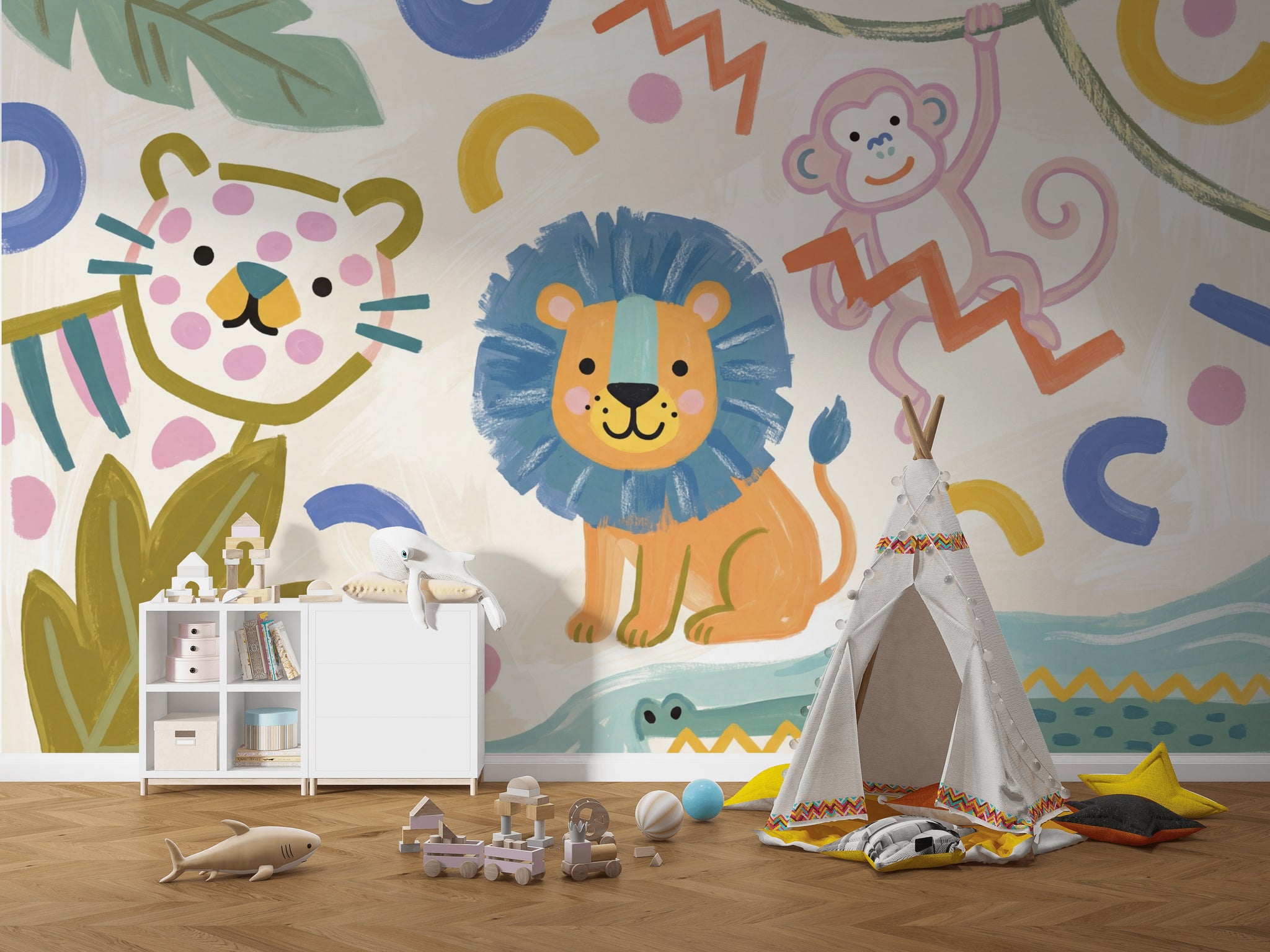 Aslan ve Maymunlu Poster Duvar Kağıdı Çocuk Odası Renkli
