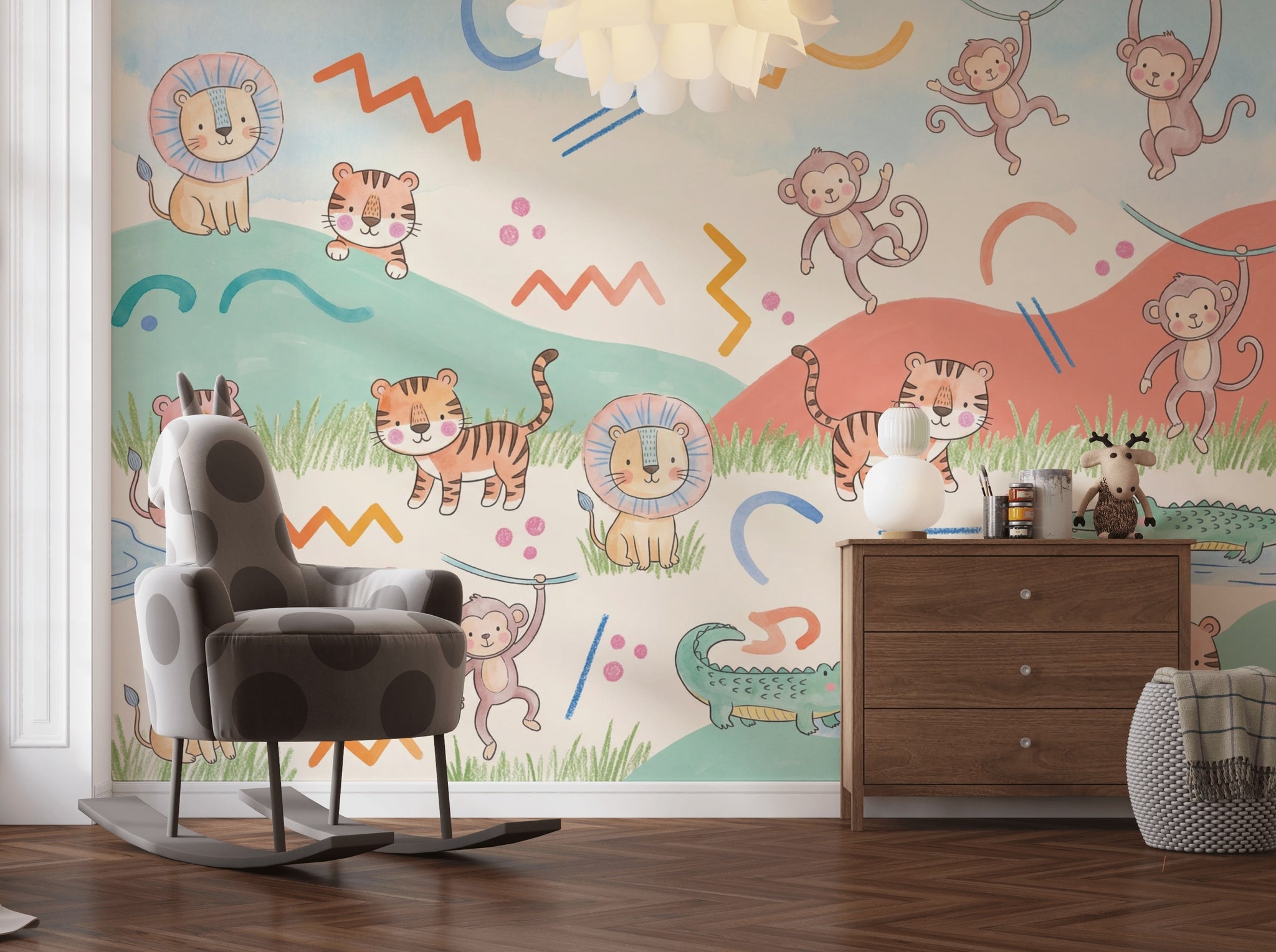 Sevimli Safari Hayvanlı Poster Duvar Kağıdı Pastel Çocuk Odası
