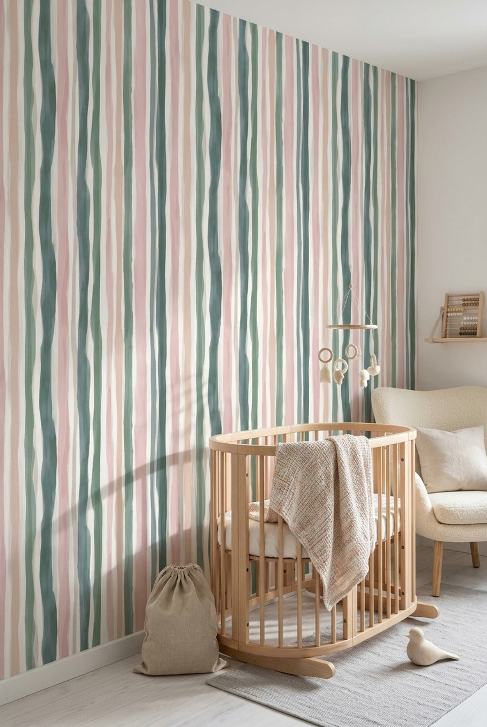 Pastel Çizgili Duvar Kağıdı Pembe Yeşil Modern Salon