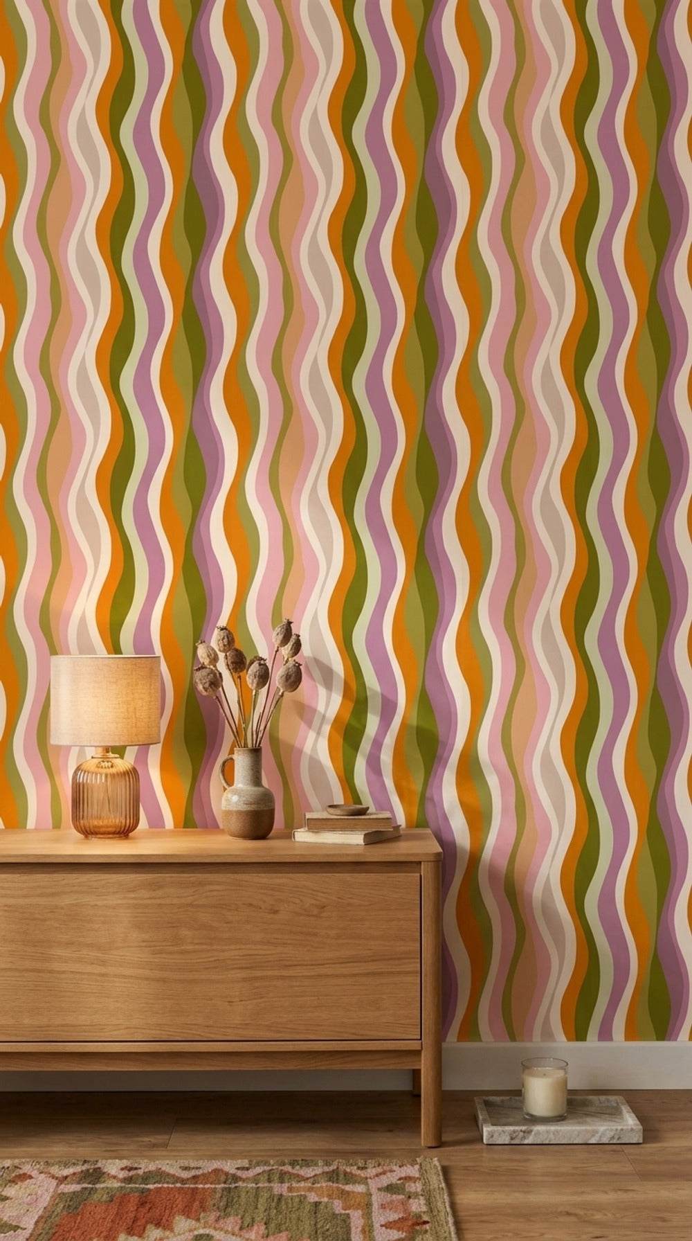 Retro Dalgalı Çizgili Duvar Kağıdı Turuncu Mor Salon