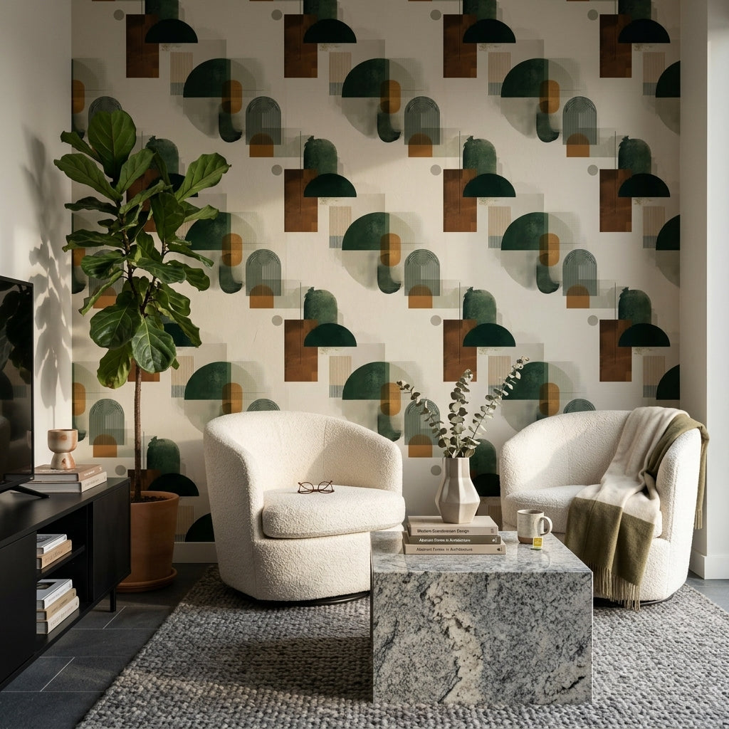 Geometrik Desenli Duvar Kağıdı Yeşil Kahverengi Modern Salon