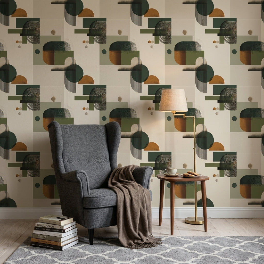 Geometrik Şekilli Duvar Kağıdı Yeşil Bej Modern Salon
