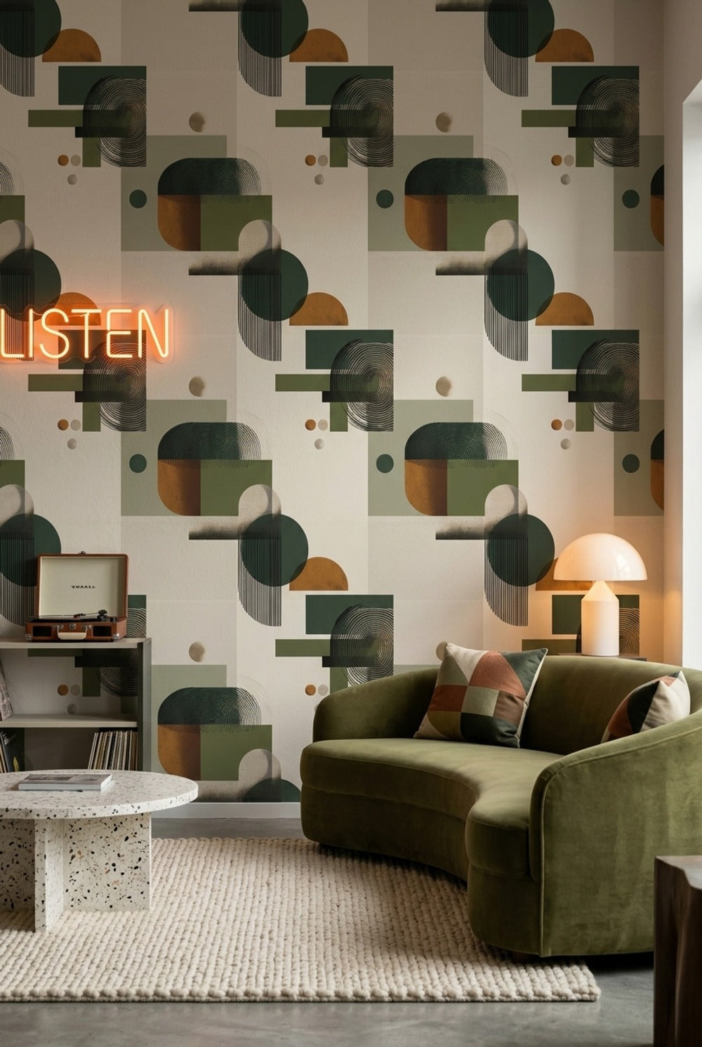 Geometrik Şekilli Duvar Kağıdı Yeşil Bej Modern Salon