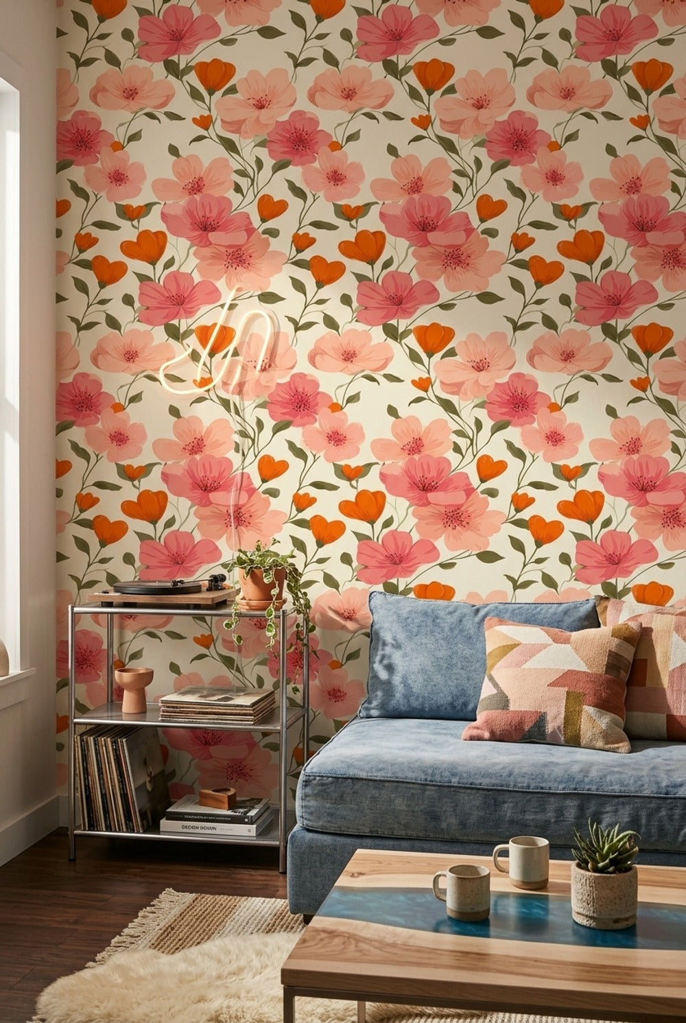 Pembe Çiçek Desenli Duvar Kağıdı Modern Salon Dekoru
