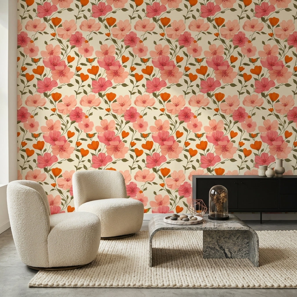Pembe Çiçek Desenli Duvar Kağıdı Modern Salon Dekoru