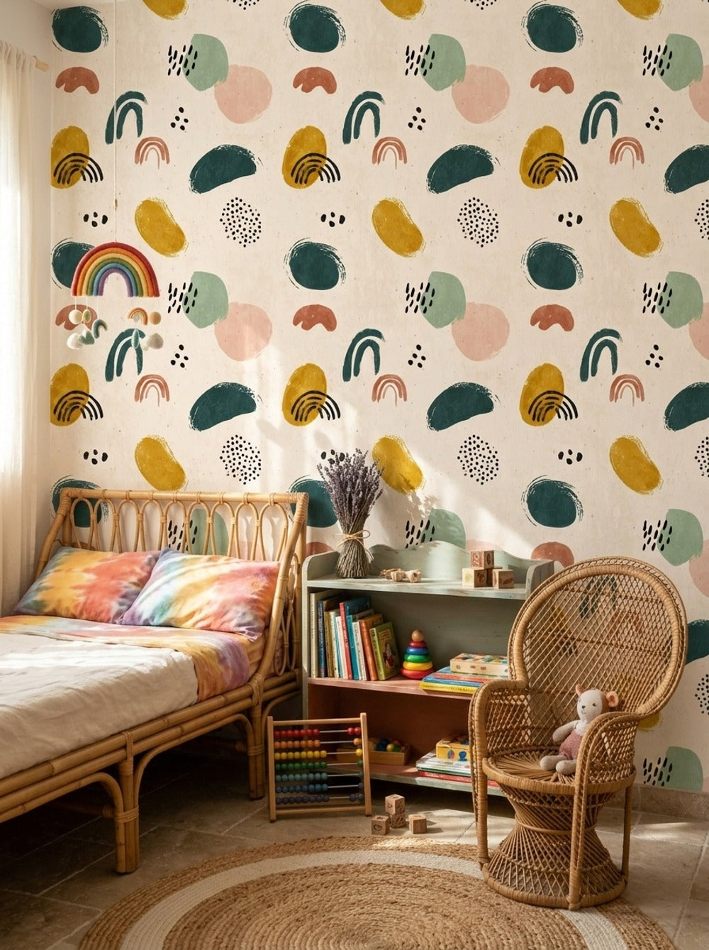 Soyut Şekilli Duvar Kağıdı Renkli Modern Salon Duvarı