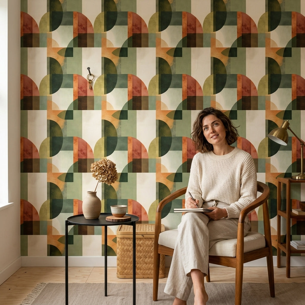 Retro Geometrik Duvar Kağıdı Yeşil Turuncu Salon Deseni
