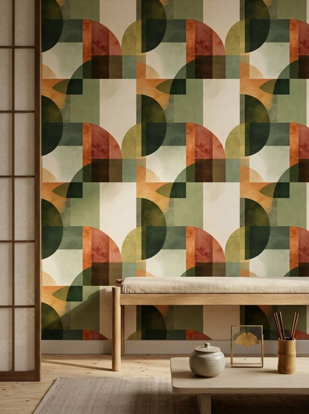 Retro Geometrik Duvar Kağıdı Yeşil Turuncu Salon Deseni