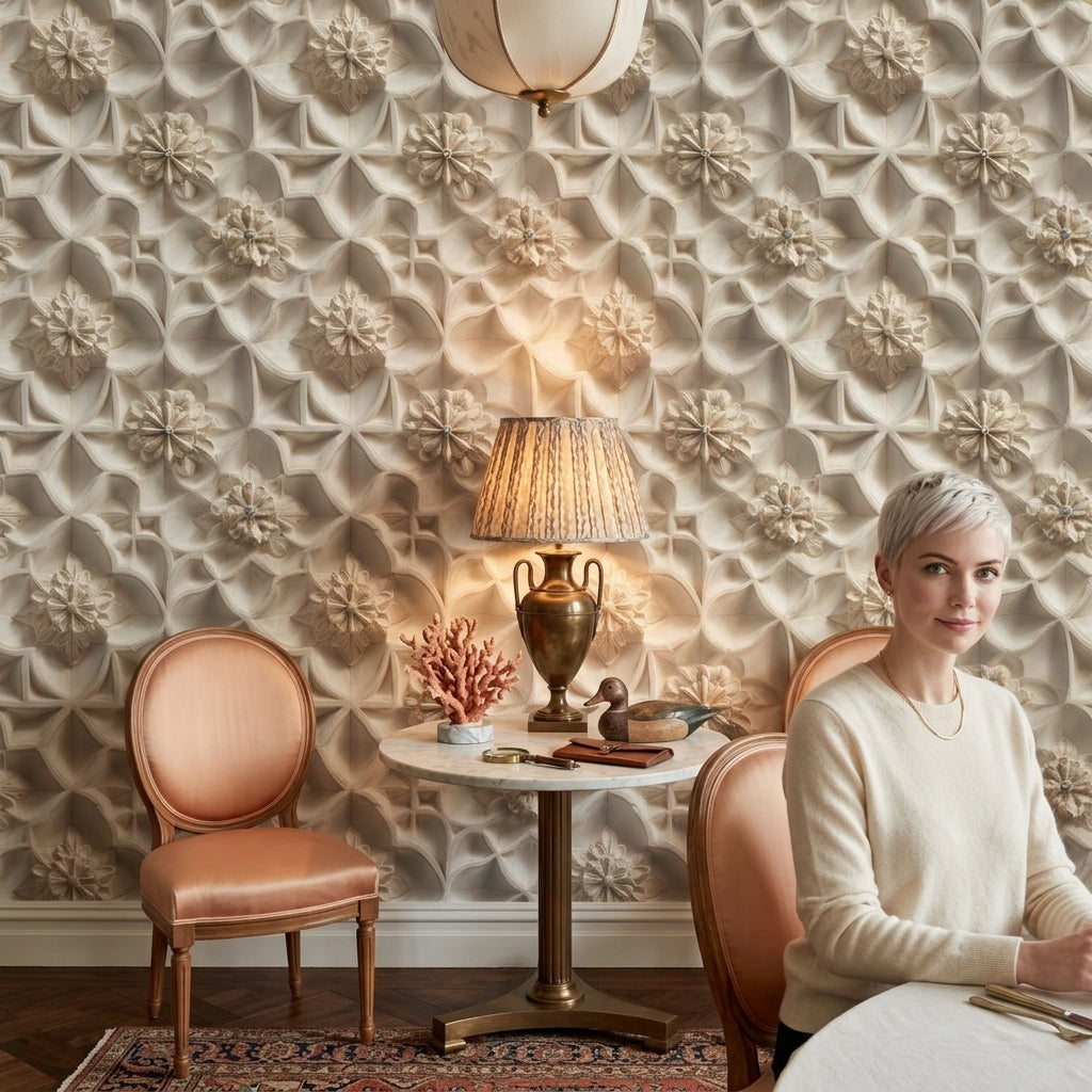3 Boyutlu Çiçekli Geometrik Duvar Kağıdı Krem Bej Salon