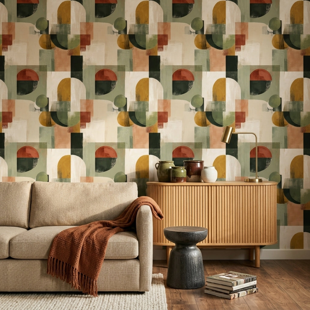 Soyut Geometrik Duvar Kağıdı Zeytin Yeşili Modern Salon