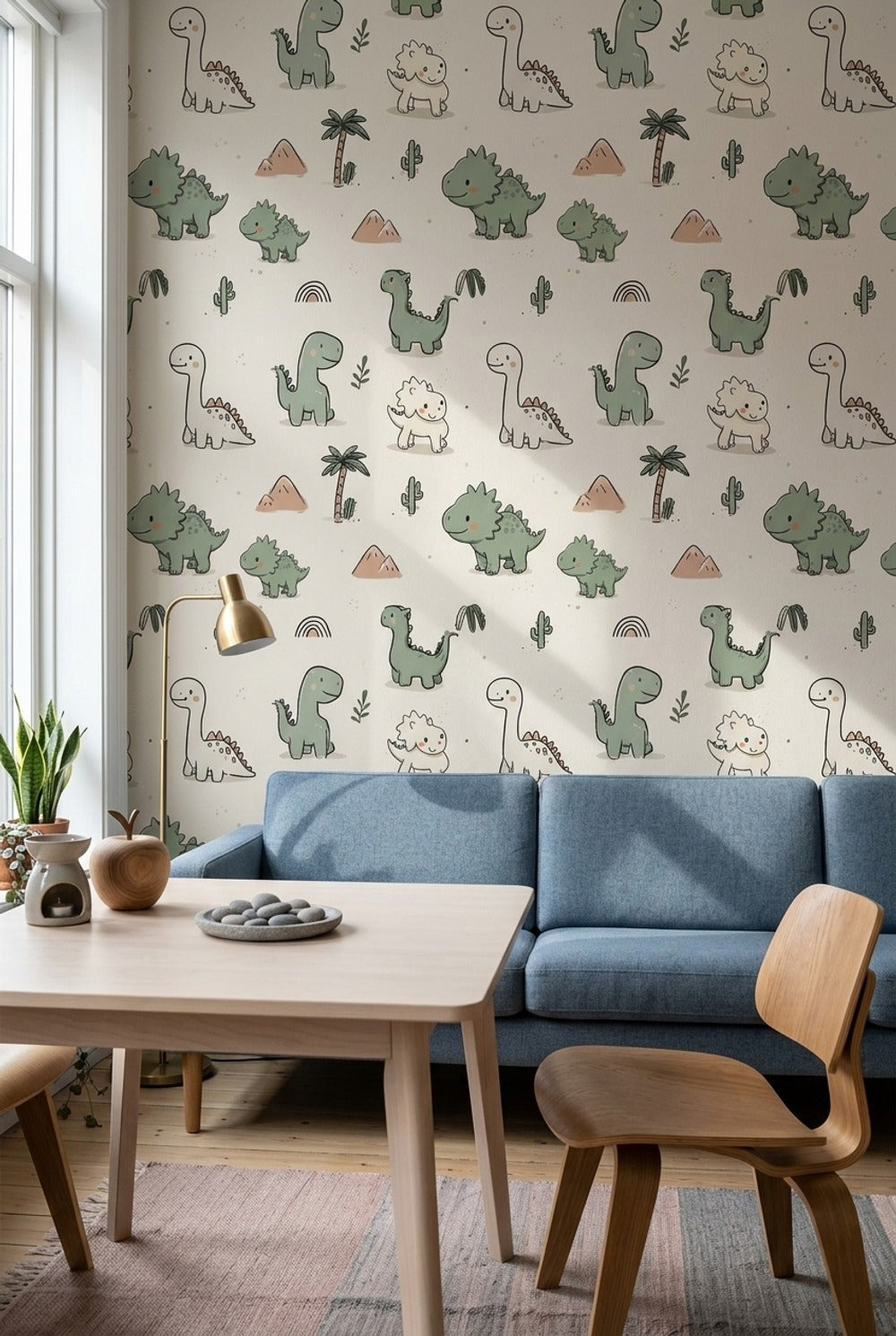 Sevimli Dinozorlu Duvar Kağıdı Pastel Yeşil Çocuk Odası