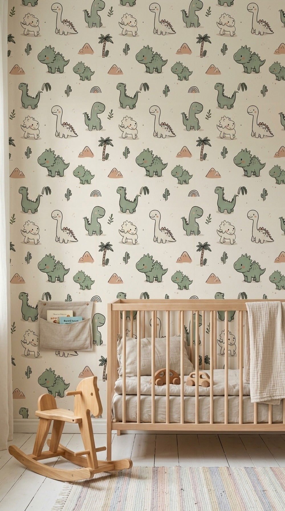 Sevimli Dinozorlu Duvar Kağıdı Pastel Yeşil Çocuk Odası