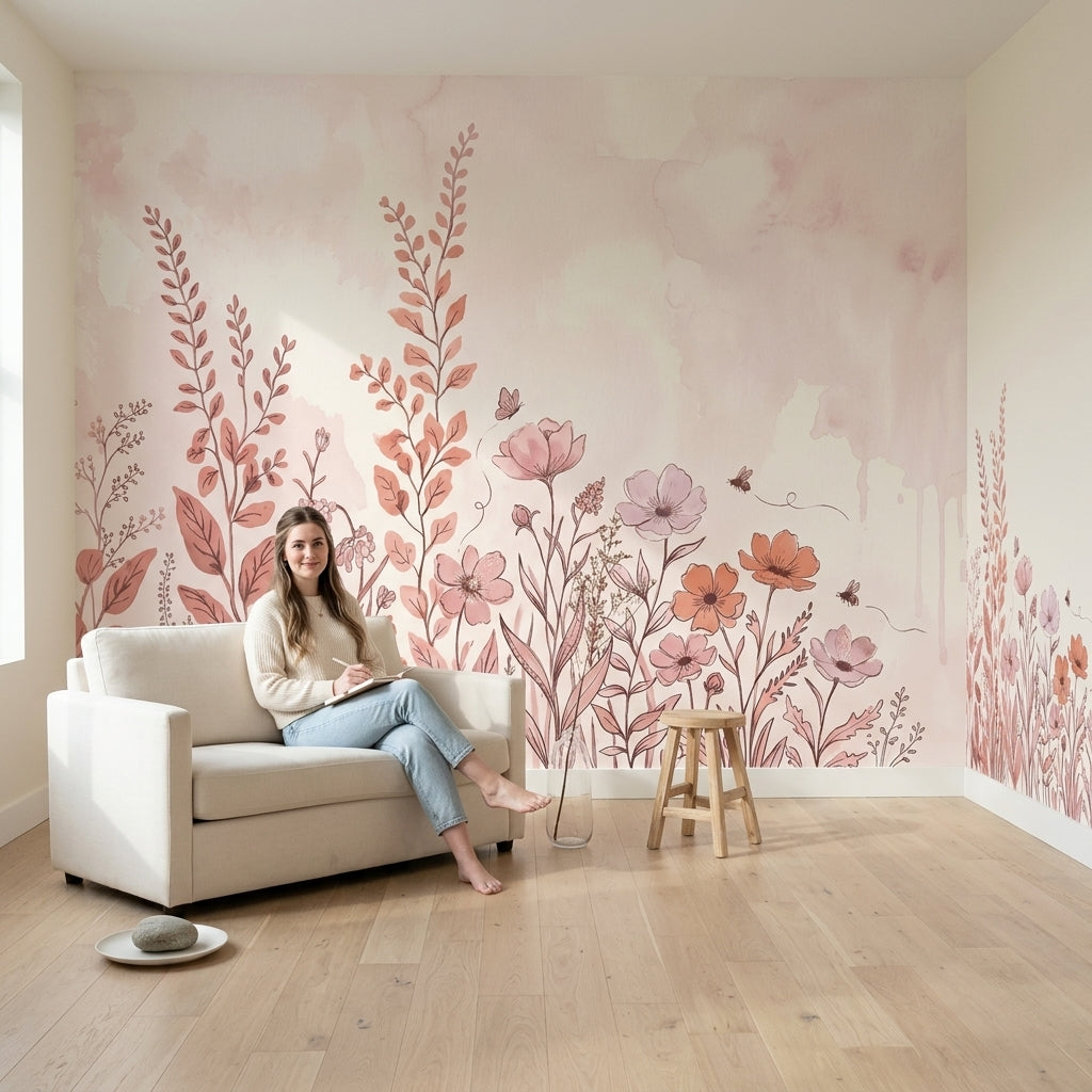 Suluboya Çiçek Desenli Poster Duvar Kağıdı Pudra Pembe Salon