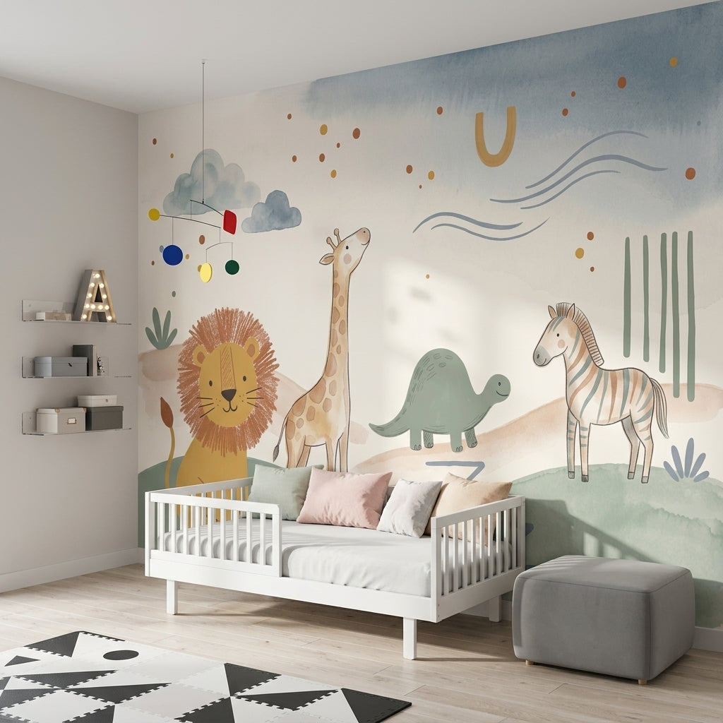 Safari Hayvanlı Poster Duvar Kağıdı Pastel Çocuk Odası Desenli