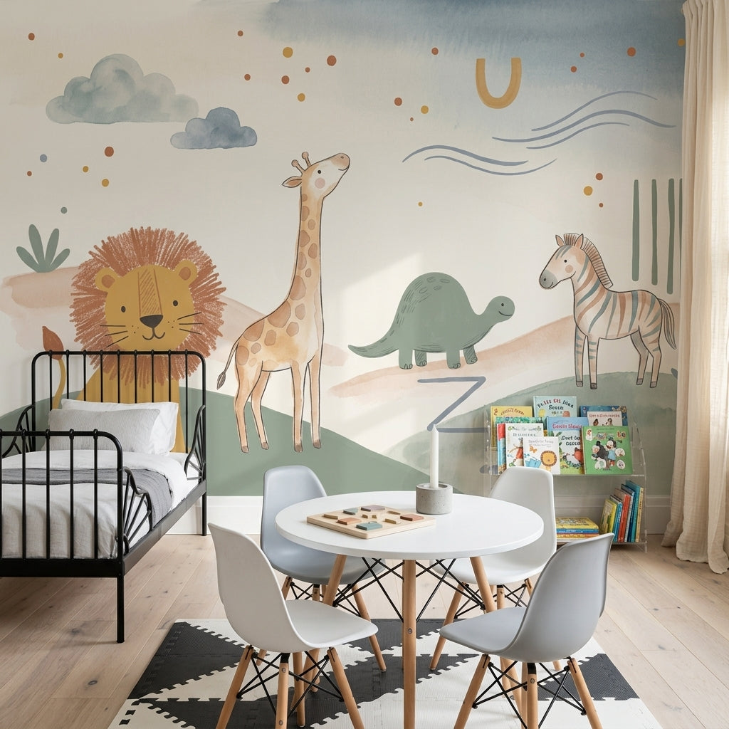 Safari Hayvanlı Poster Duvar Kağıdı Pastel Çocuk Odası Desenli