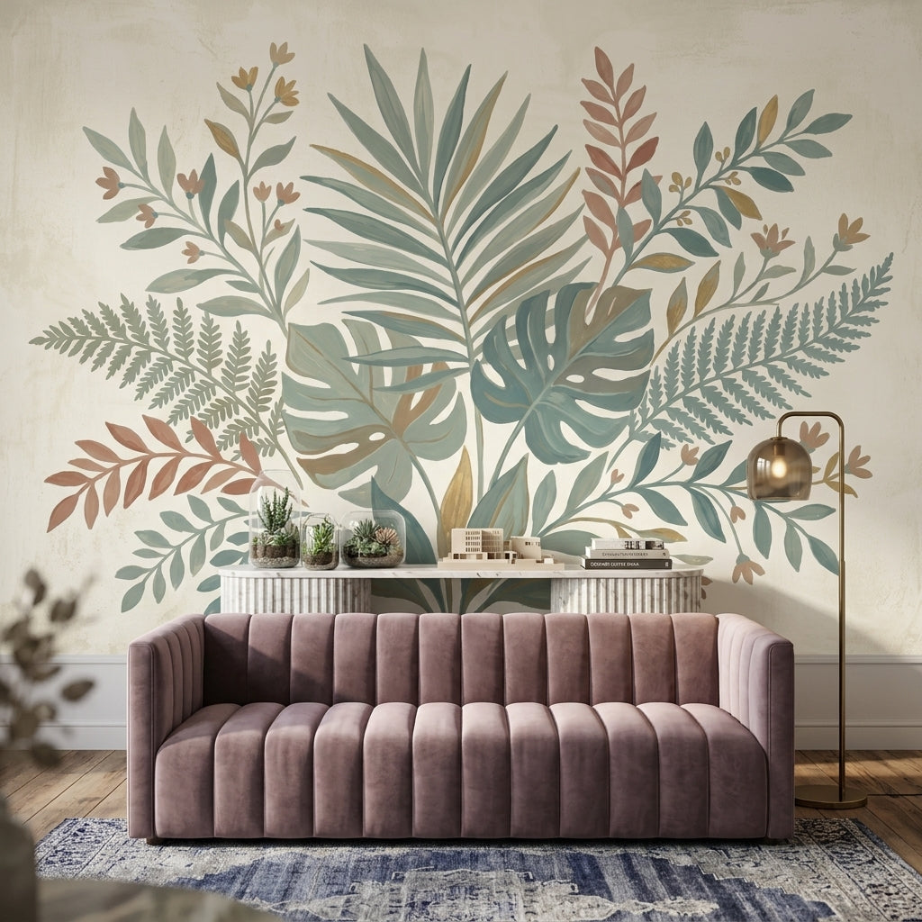 Botanik Yapraklı Poster Duvar Kağıdı Pastel Yeşil Salon Dekoru