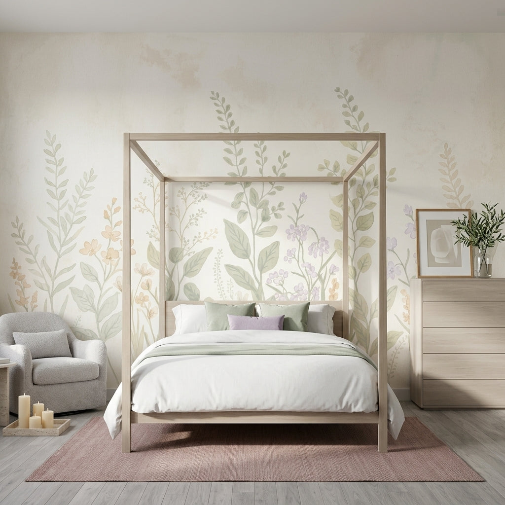 Pastel Botanik Çiçekli Poster Duvar Kağıdı Bej Yeşil Salon
