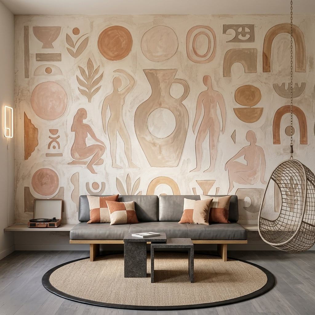 Soyut Figürlü Poster Duvar Kağıdı Bej Terracotta Salon