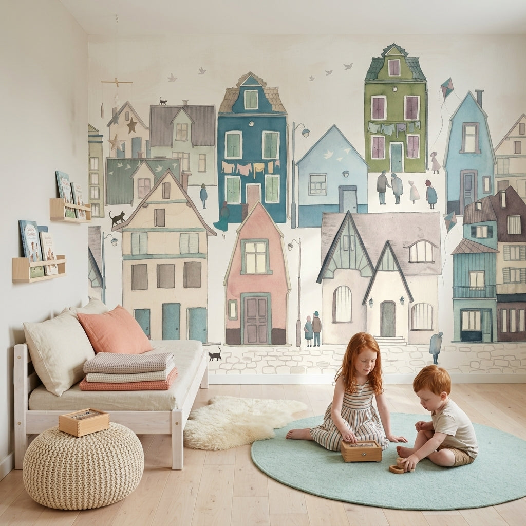 Pastel Renkli Ev İllüstrasyonlu Poster Duvar Kağıdı Salon