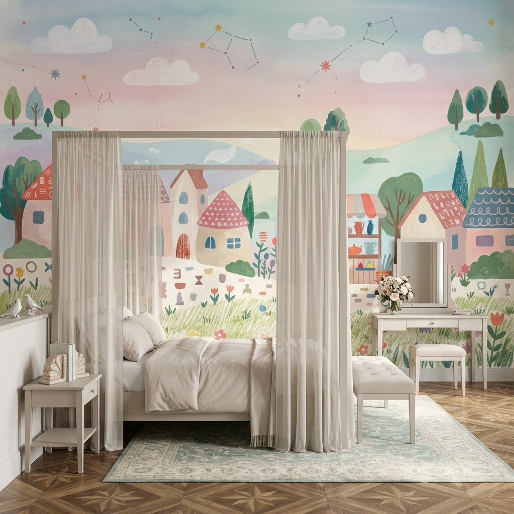 Masalsı Köy Manzarası Poster Duvar Kağıdı Pastel Çocuk Odası