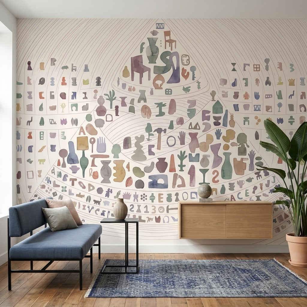 Soyut Simgeli Poster Duvar Kağıdı Pastel Renkli Yatak Odası