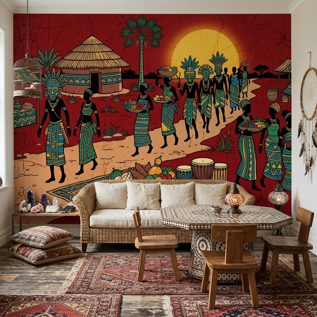 Afrika Köy Yaşamı Poster Duvar Kağıdı Kırmızı Etnik Salon