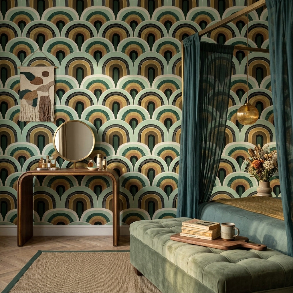 Retro Kemer Desenli Duvar Kağıdı Yeşil Bej Salon