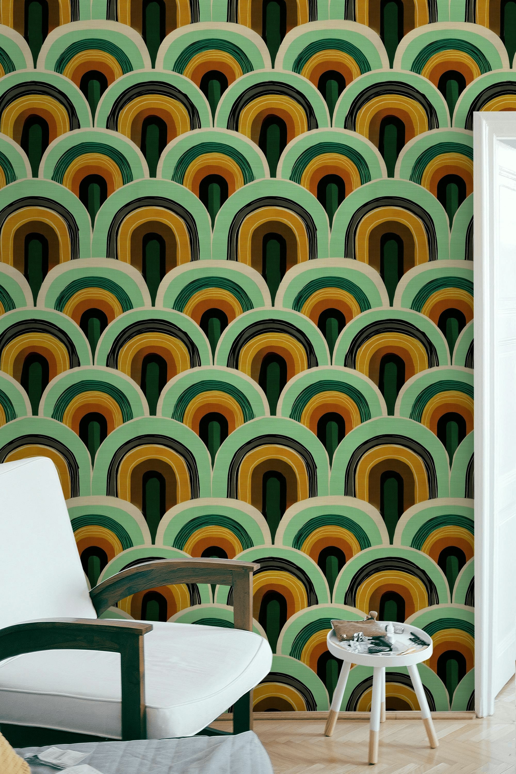 Retro Kemer Desenli Duvar Kağıdı Yeşil Hardal Salon