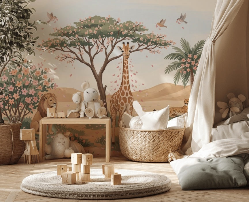 Safari Hayvanlı Poster Duvar Kağıdı Pastel Çocuk Odası Desenli