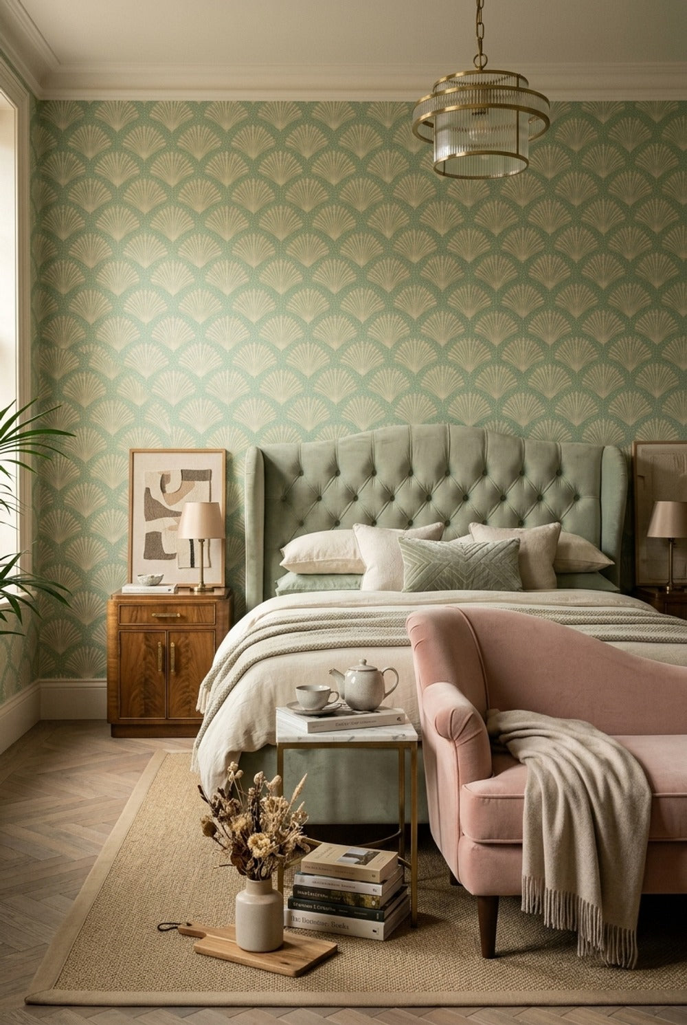 Midye Kabuğu Desenli Duvar Kağıdı Yeşil Krem Salon