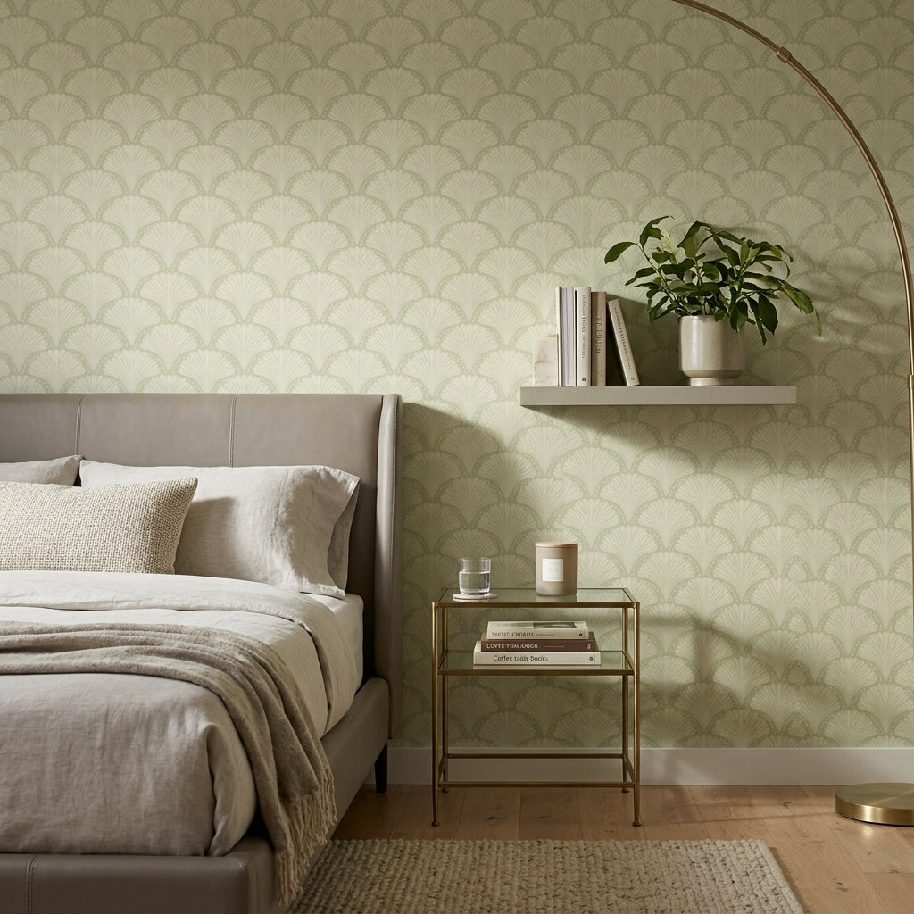 Art Deco Yelpaze Desenli Duvar Kağıdı Açık Yeşil Salon