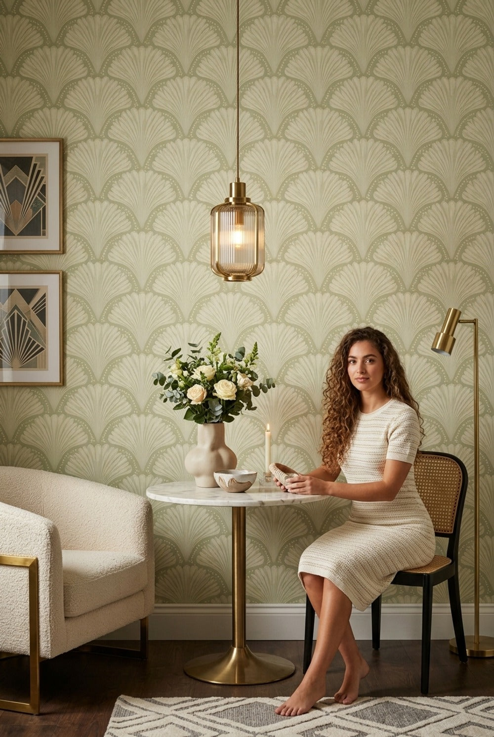 Art Deco Yelpaze Desenli Duvar Kağıdı Açık Yeşil Salon