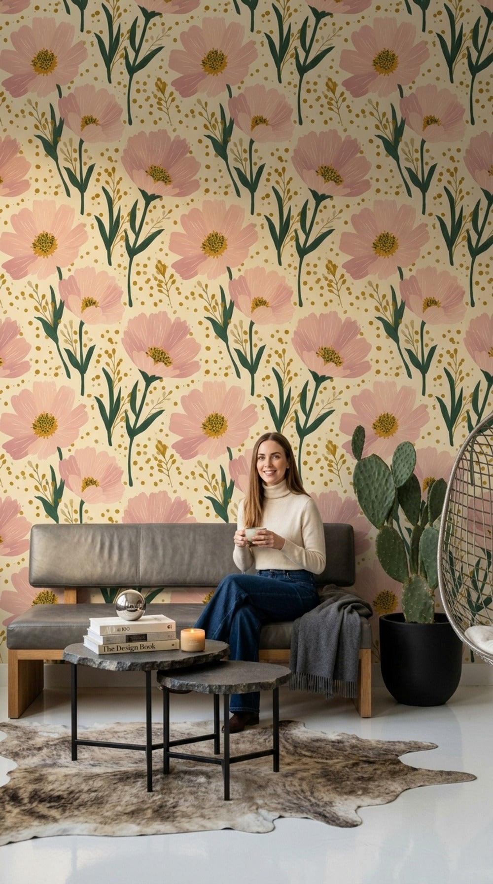Pembe Çiçek Desenli Duvar Kağıdı Bej Zemin Salon