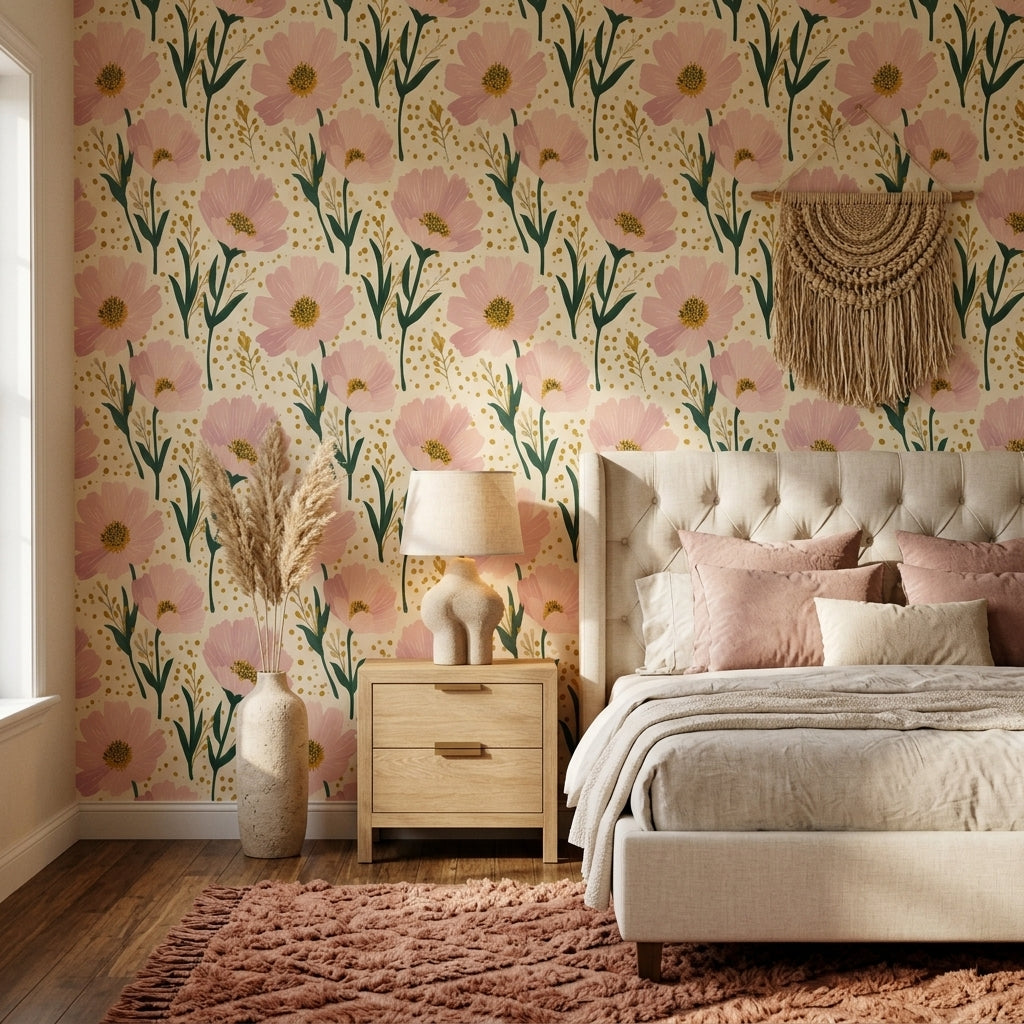 Pembe Çiçek Desenli Duvar Kağıdı Bej Zemin Salon