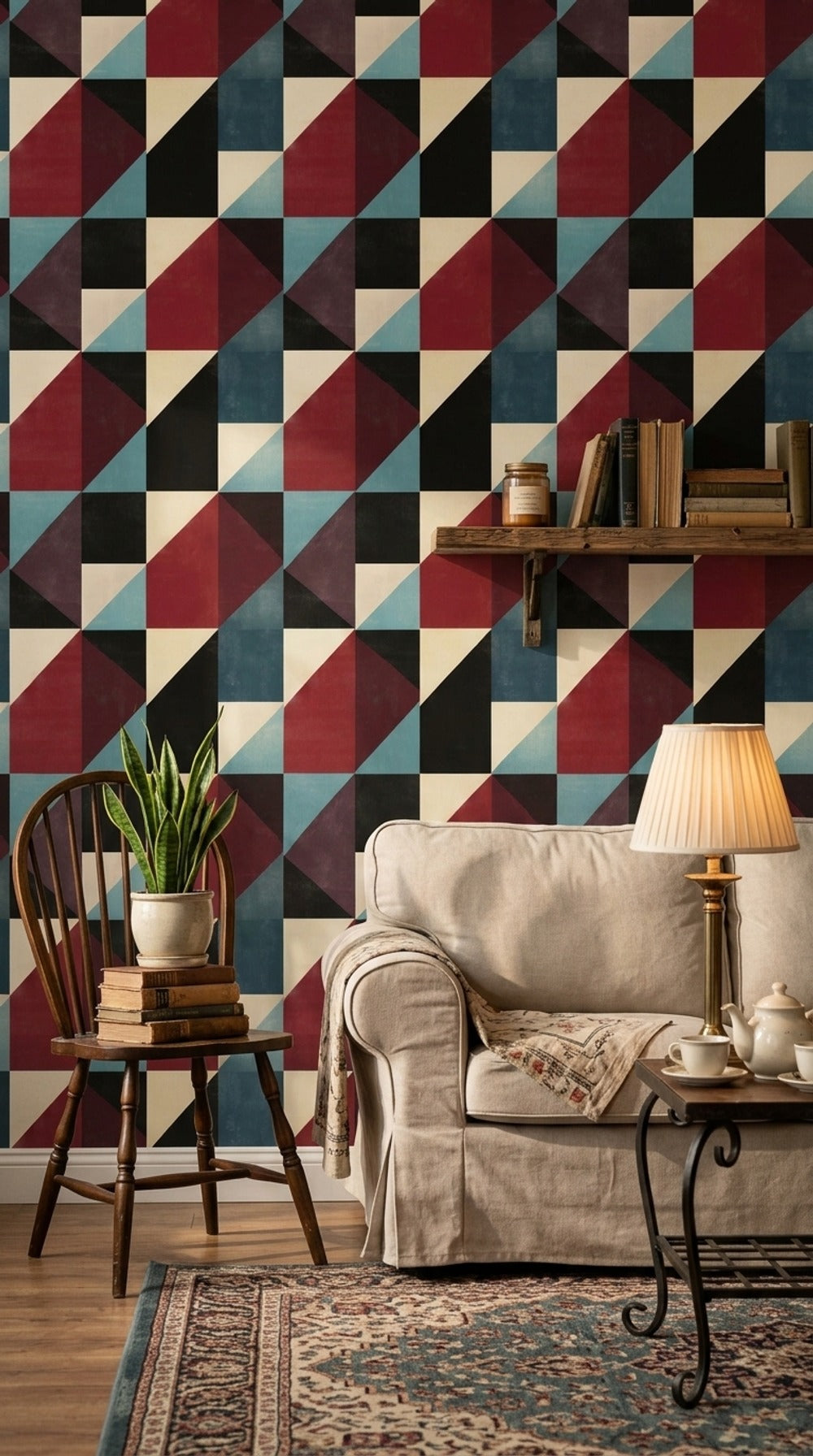 Geometrik Üçgen Desenli Duvar Kağıdı Bordo Lacivert Salon