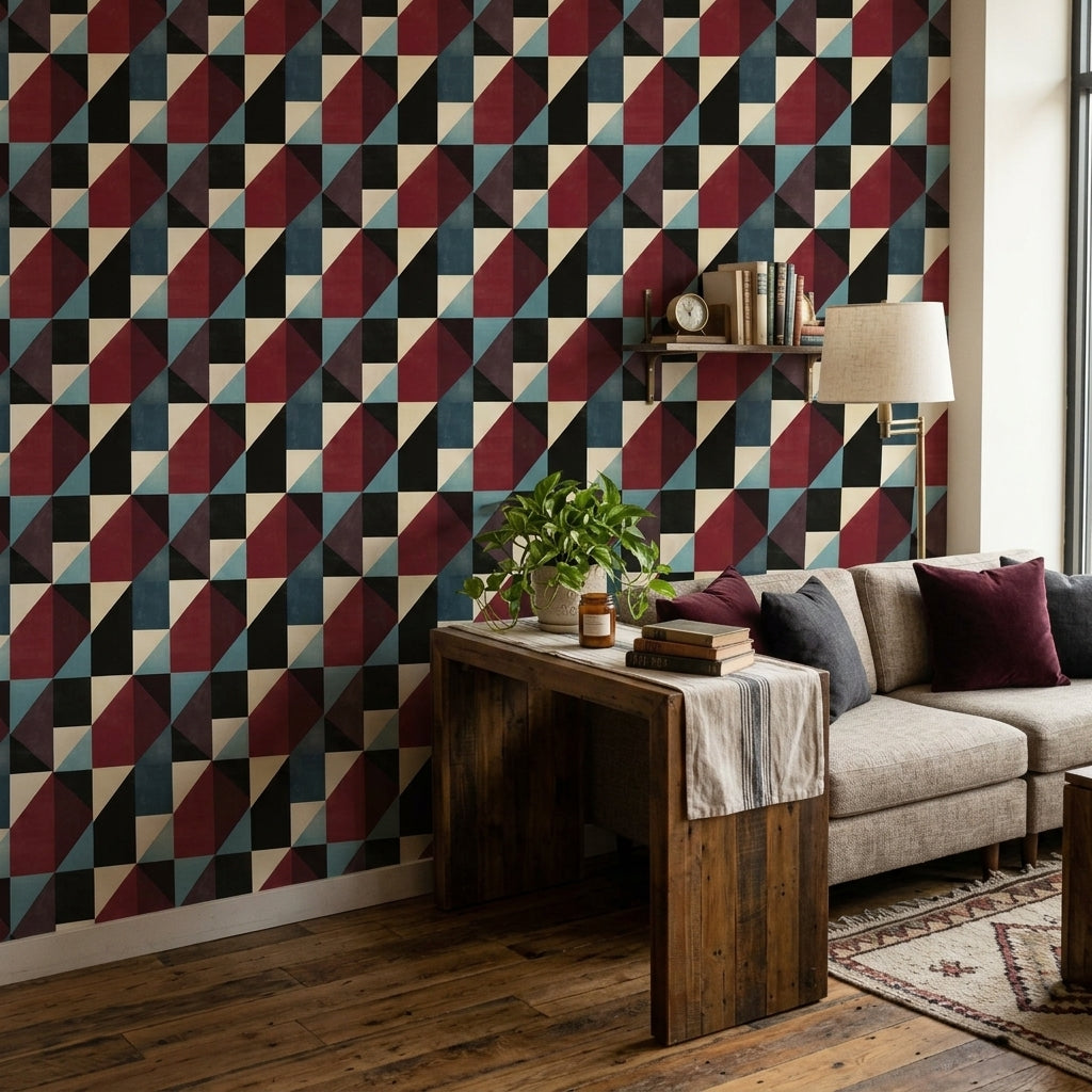 Geometrik Üçgen Desenli Duvar Kağıdı Bordo Lacivert Salon