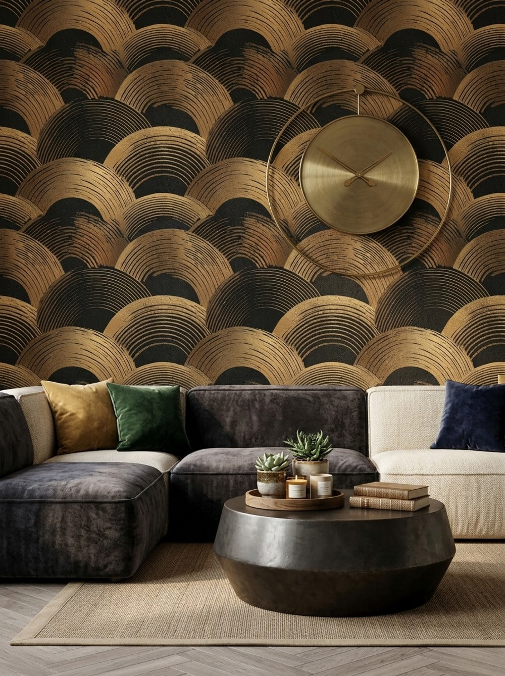 Art Deco Geometrik Duvar Kağıdı Altın Siyah Yarım Daire Desen
