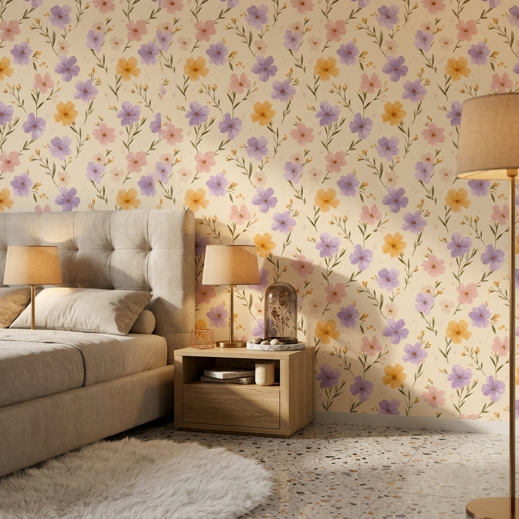 Pastel Çiçek Desenli Duvar Kağıdı Krem Zemin Salon