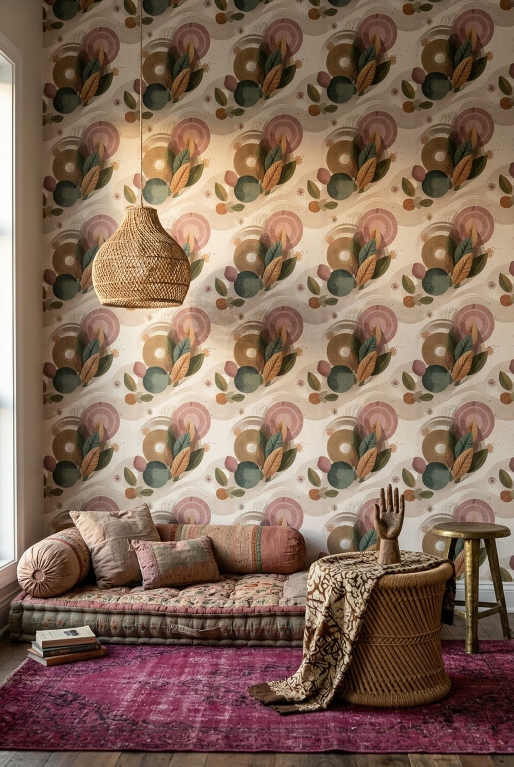 Geometrik Yaprak Desenli Duvar Kağıdı Retro Bohem Salon