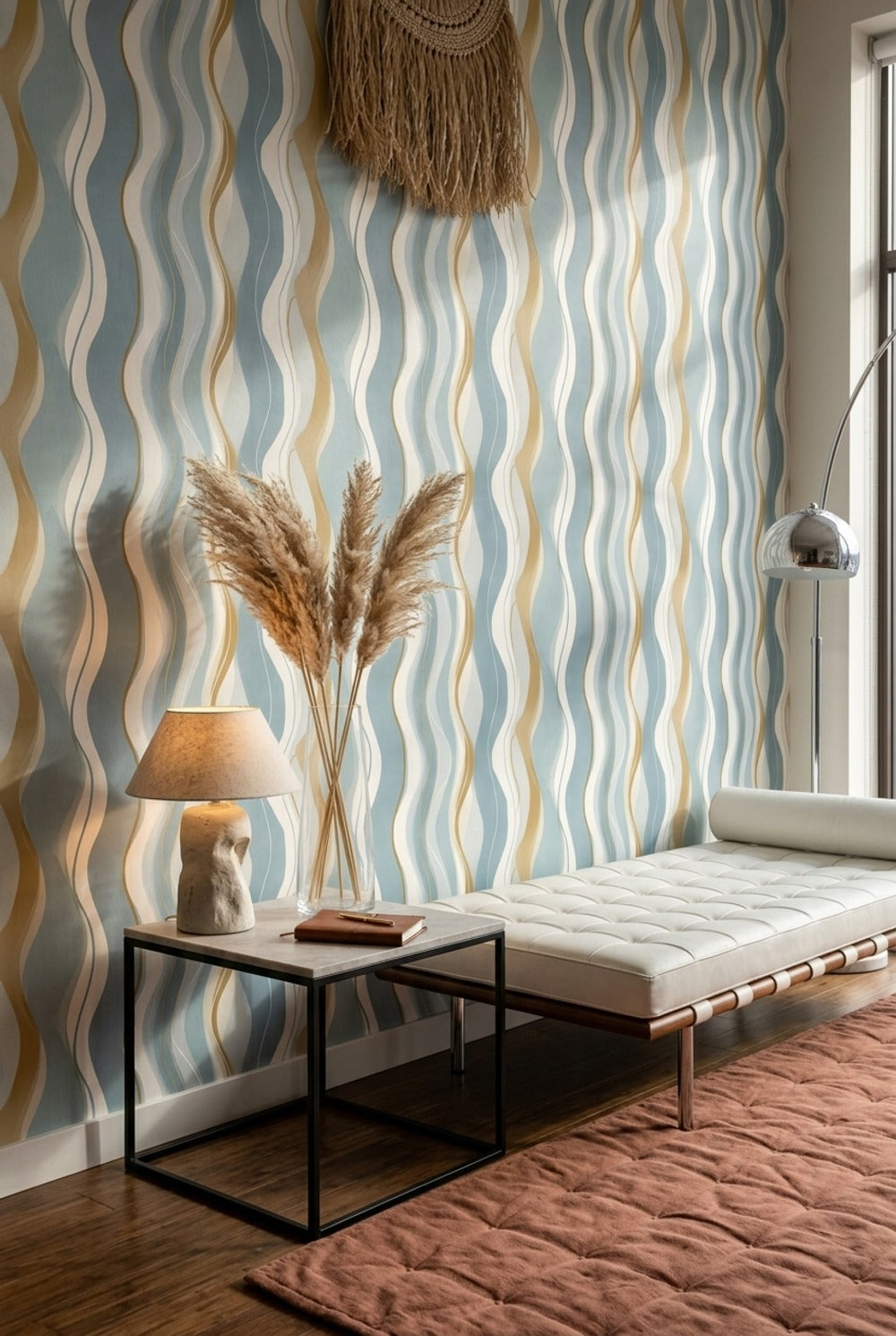 Dalgalı Çizgili Duvar Kağıdı Mavi Bej Modern Salon