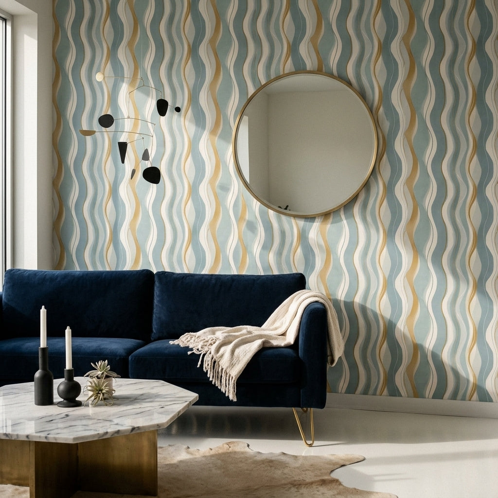Dalgalı Çizgili Duvar Kağıdı Mavi Bej Modern Salon