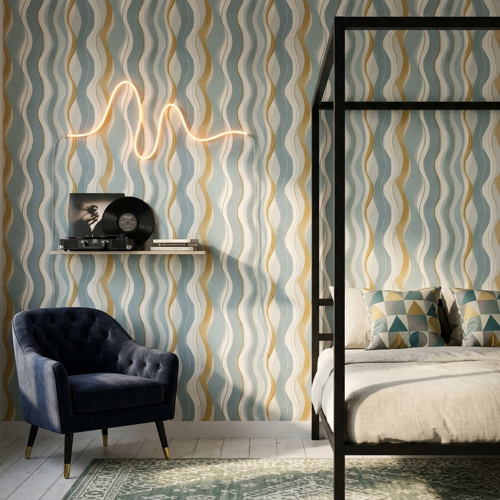 Dalgalı Çizgili Duvar Kağıdı Mavi Bej Modern Salon