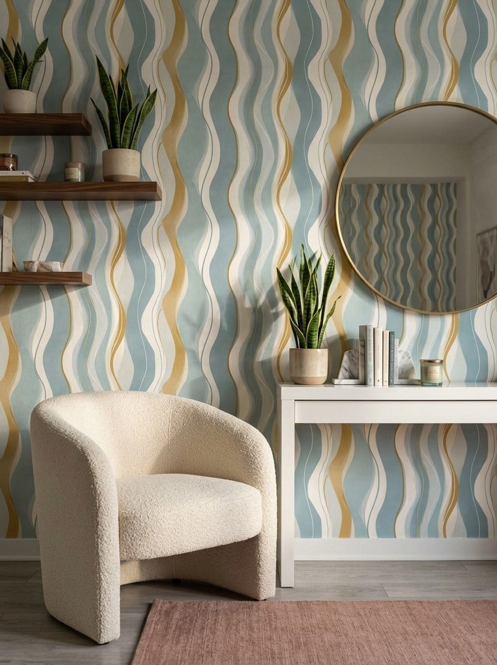 Dalgalı Çizgili Duvar Kağıdı Mavi Bej Modern Salon